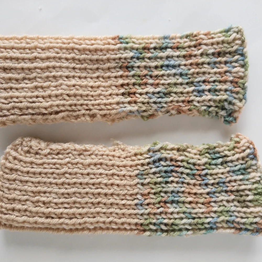 Gloves Fingerless Hand Crafted Tan Blue Green Knit Boho Winter Essential